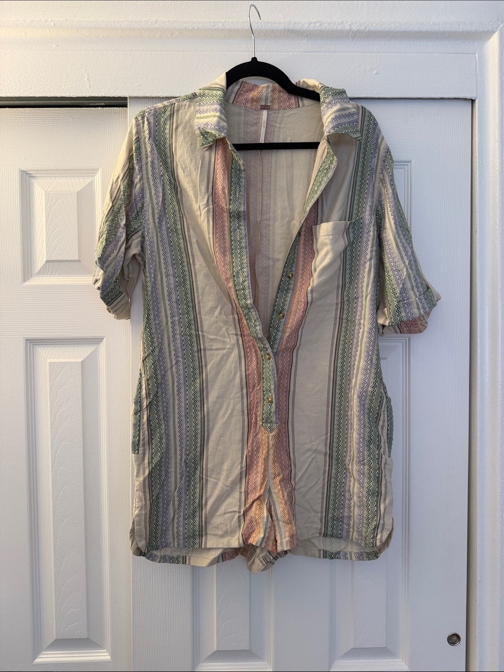 Free People Cream Jumpsuit with Pastel Stripe Panels